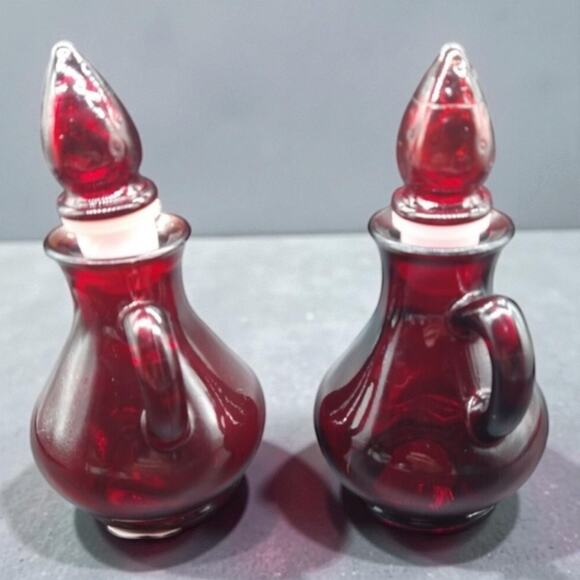 Vintage Avon Ruby Red Glass Pitcher Bottles Strawberry Bath Foam  5.5”  Empty - Picture 2 of 9